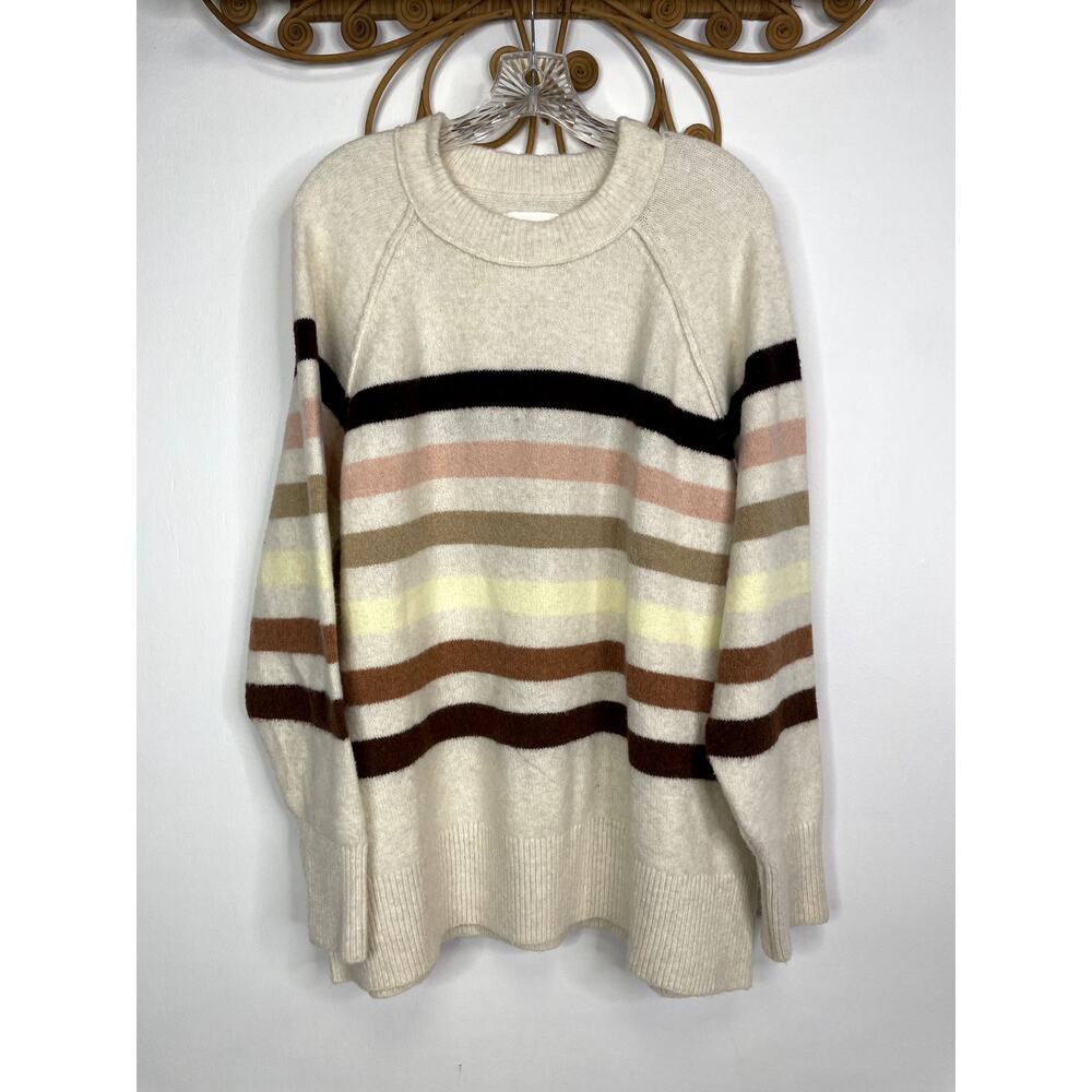 aerie Cream Striped Crewneck Sweater with Brown and Pink Accents